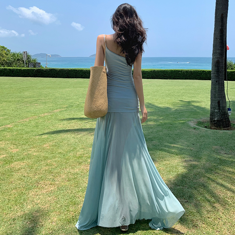Splice sloping shoulder beads temperament gauze dress