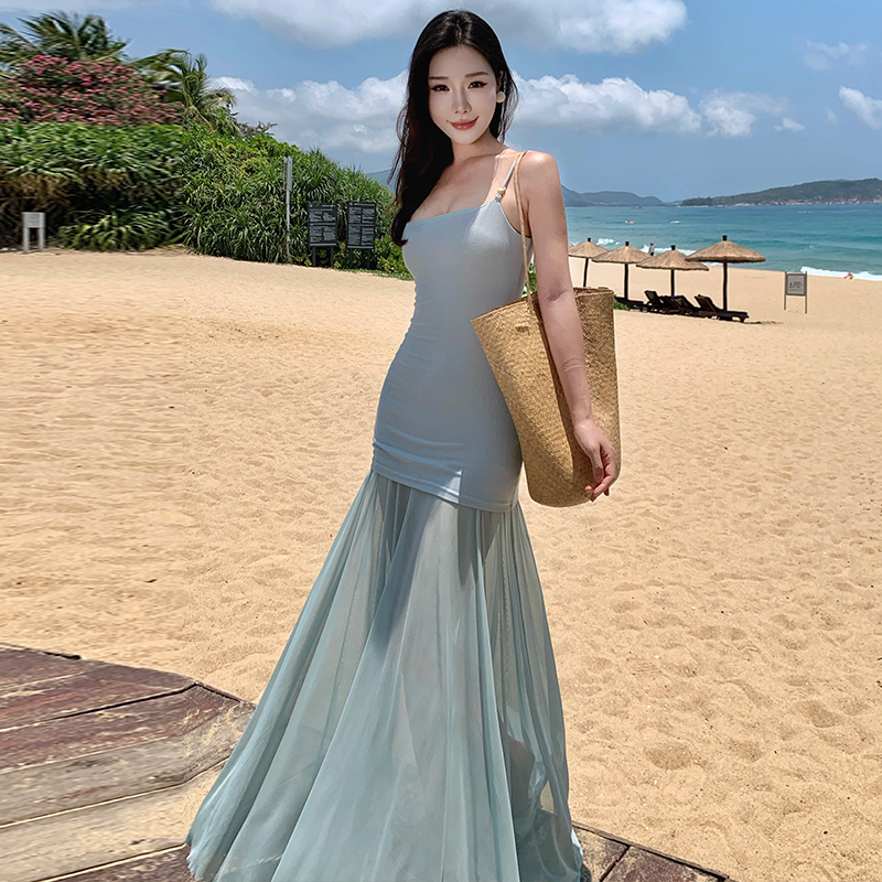 Splice sloping shoulder beads temperament gauze dress