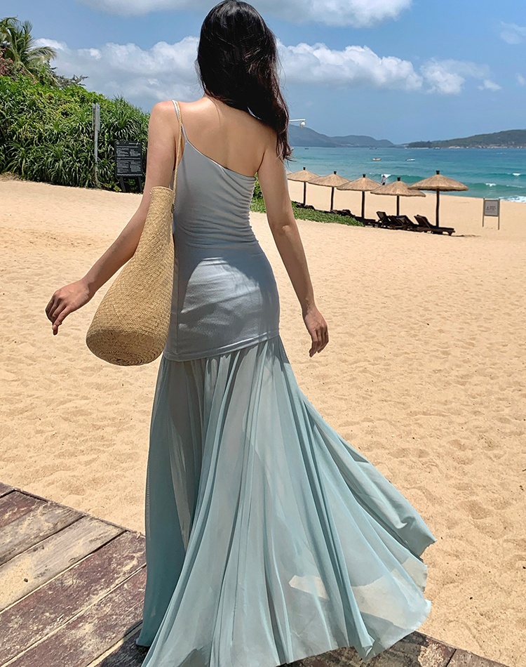 Splice sloping shoulder beads temperament gauze dress