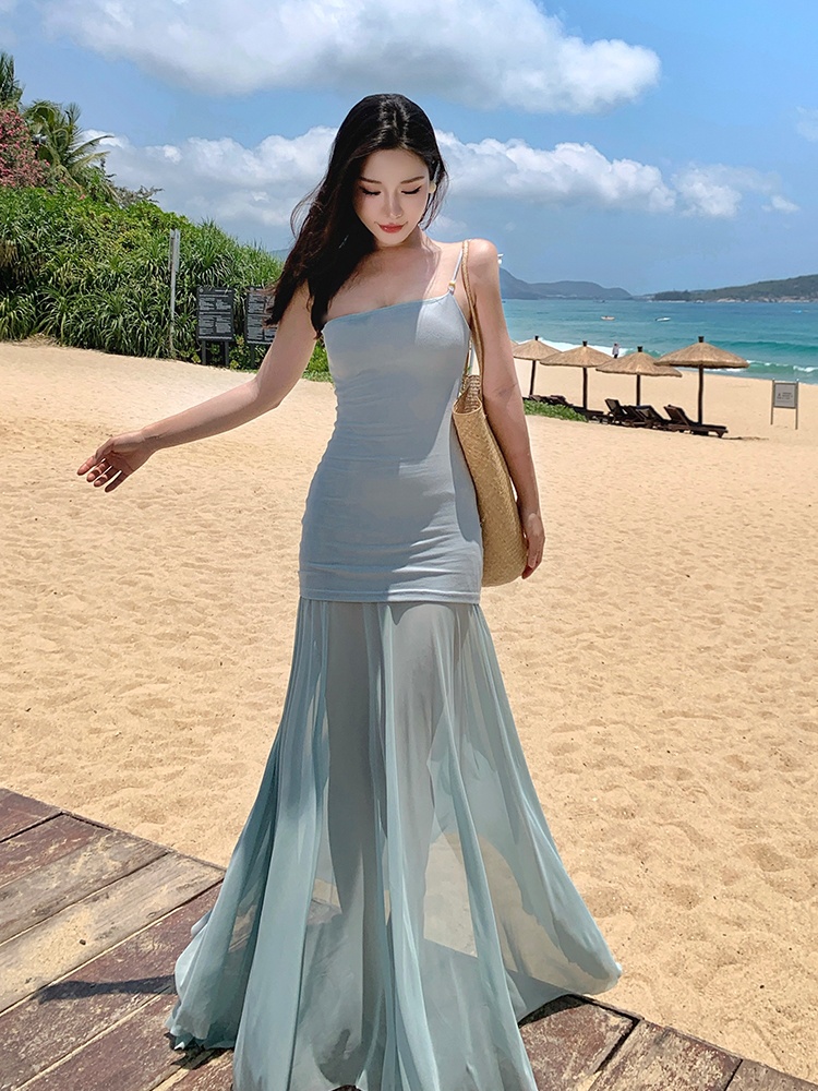 Splice sloping shoulder beads temperament gauze dress