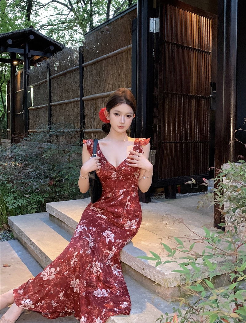 Floral slim long dress streamer summer dress for women