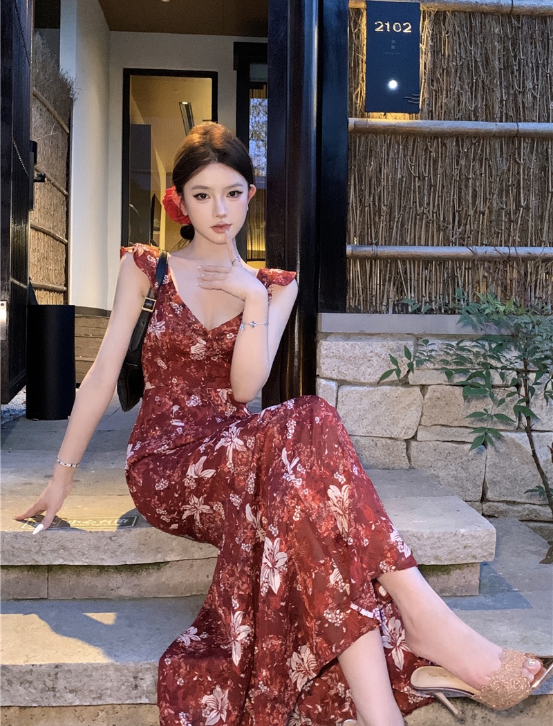 Floral slim long dress streamer summer dress for women