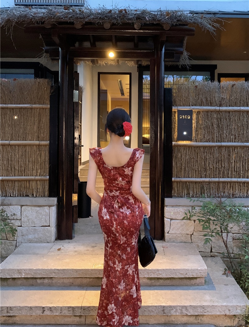 Floral slim long dress streamer summer dress for women