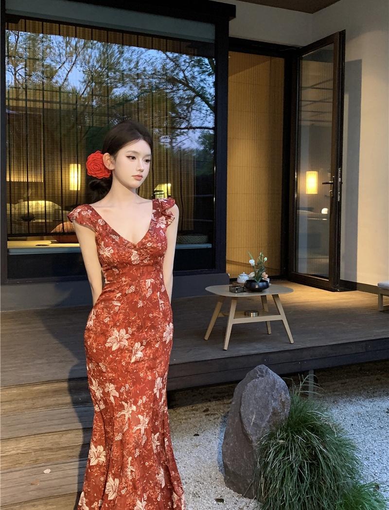 Floral slim long dress streamer summer dress for women