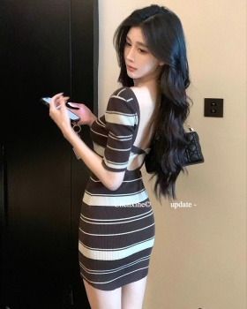 Cross pinched waist short slim stripe summer halter dress