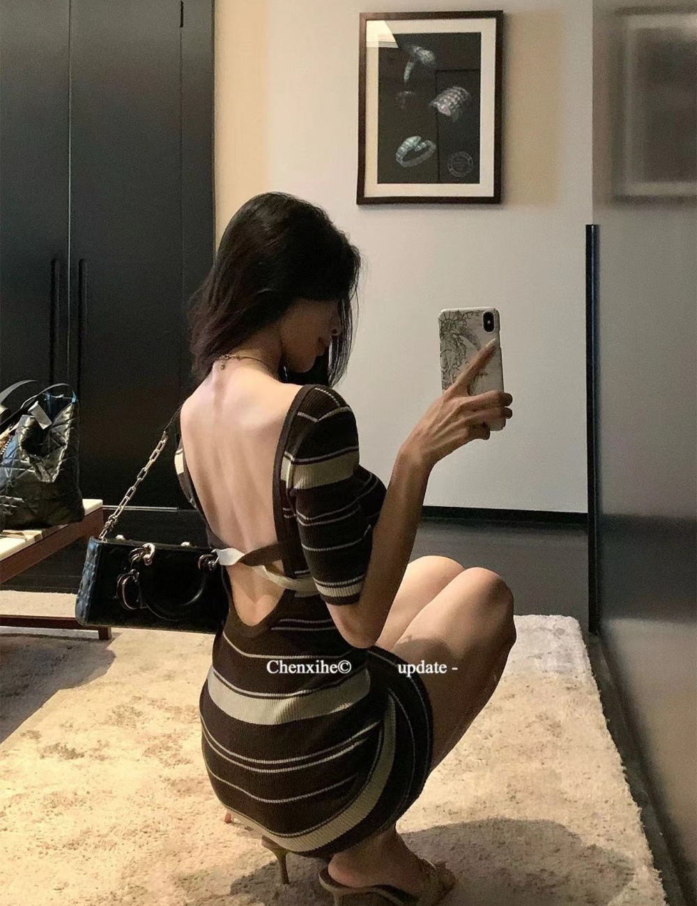 Cross pinched waist short slim stripe summer halter dress