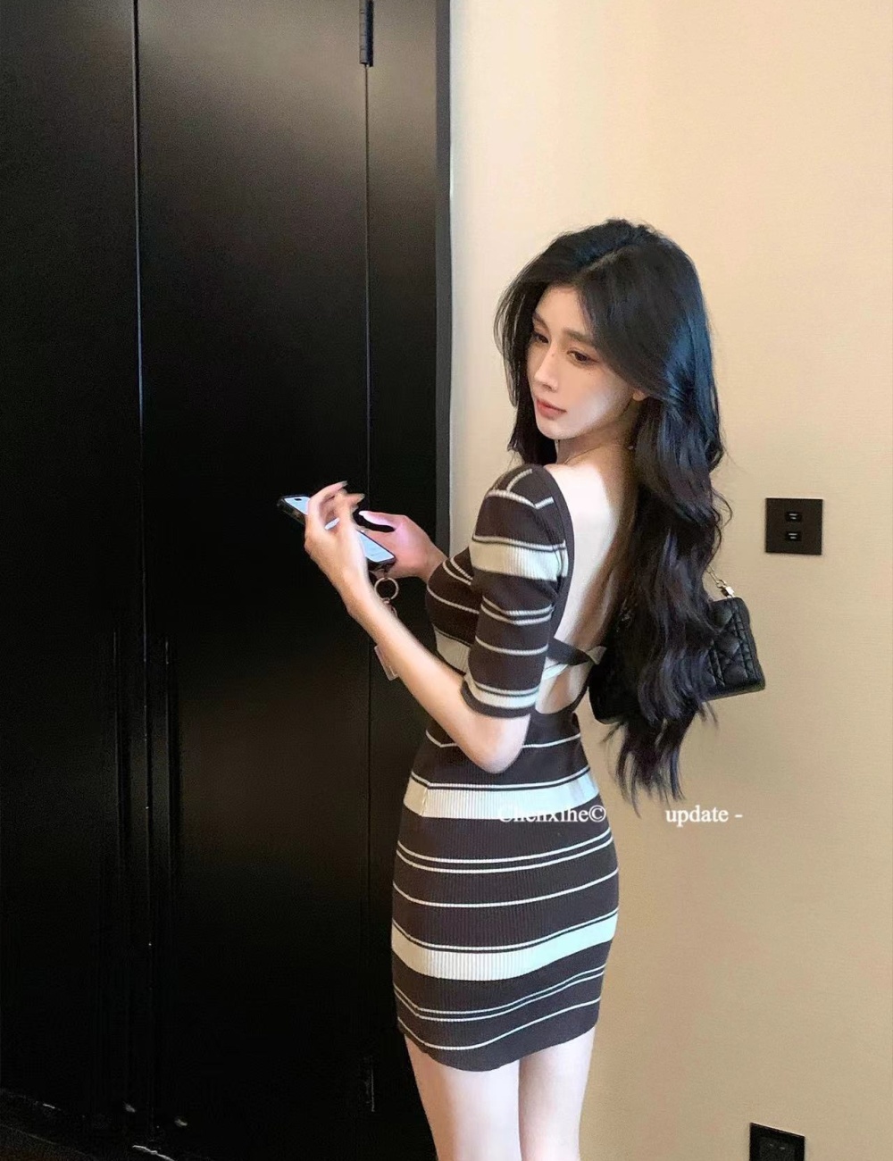Cross pinched waist short slim stripe summer halter dress
