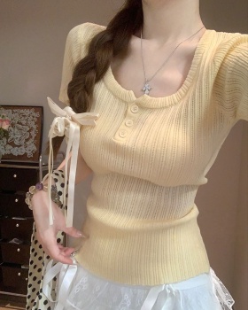 Ice silk thin pit stripe tops Korean style gray sweater for women