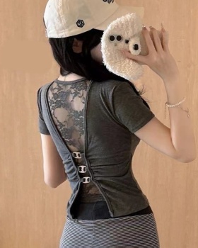 Short sleeve lace tops enticement with chest pad T-shirt
