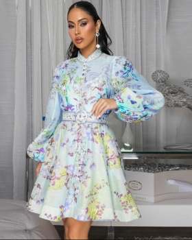 With belt European style lantern sleeve dress