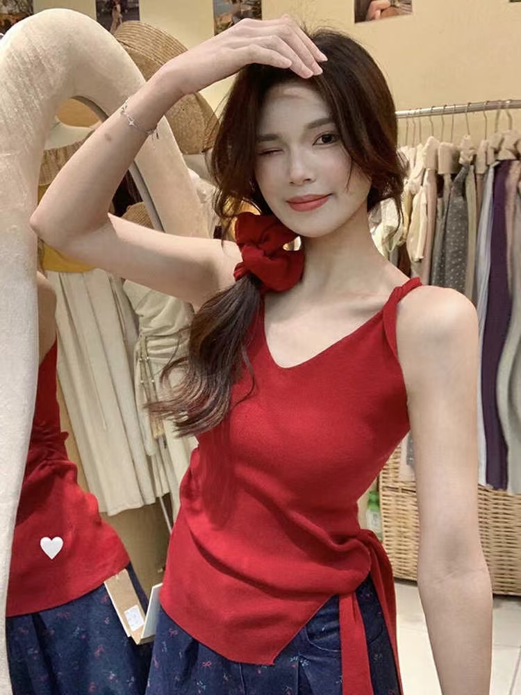 Summer bandage red vest sling unique irregular tops for women