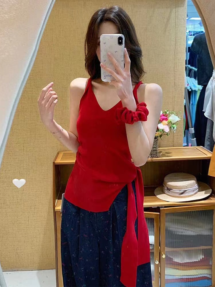 Summer bandage red vest sling unique irregular tops for women