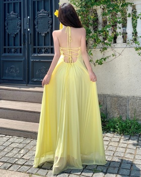 Halter gauze dress vacation yellow long dress