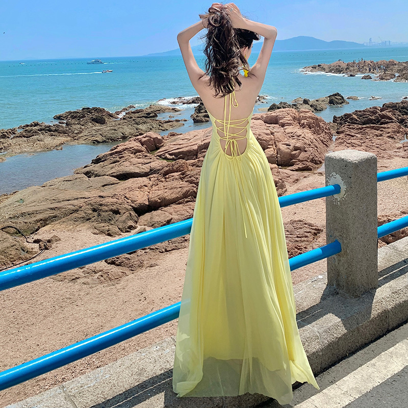Halter gauze dress vacation yellow long dress
