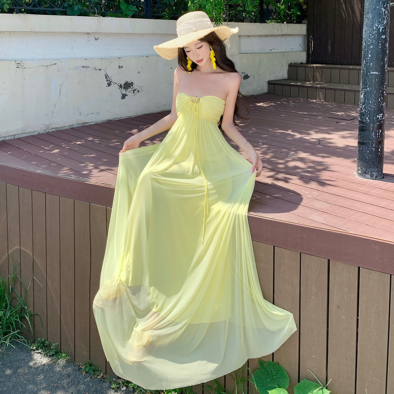 Halter gauze dress vacation yellow long dress