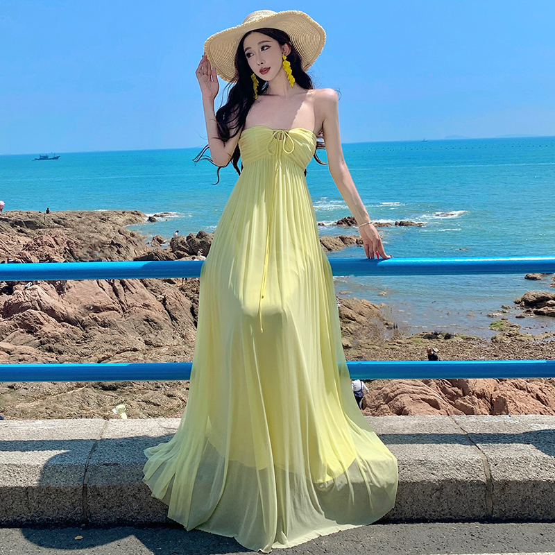 Halter gauze dress vacation yellow long dress