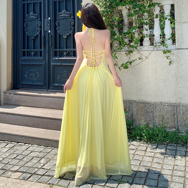 Halter gauze dress vacation yellow long dress