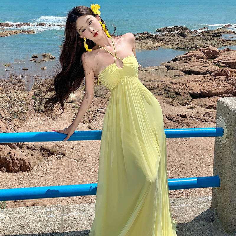 Halter gauze dress vacation yellow long dress