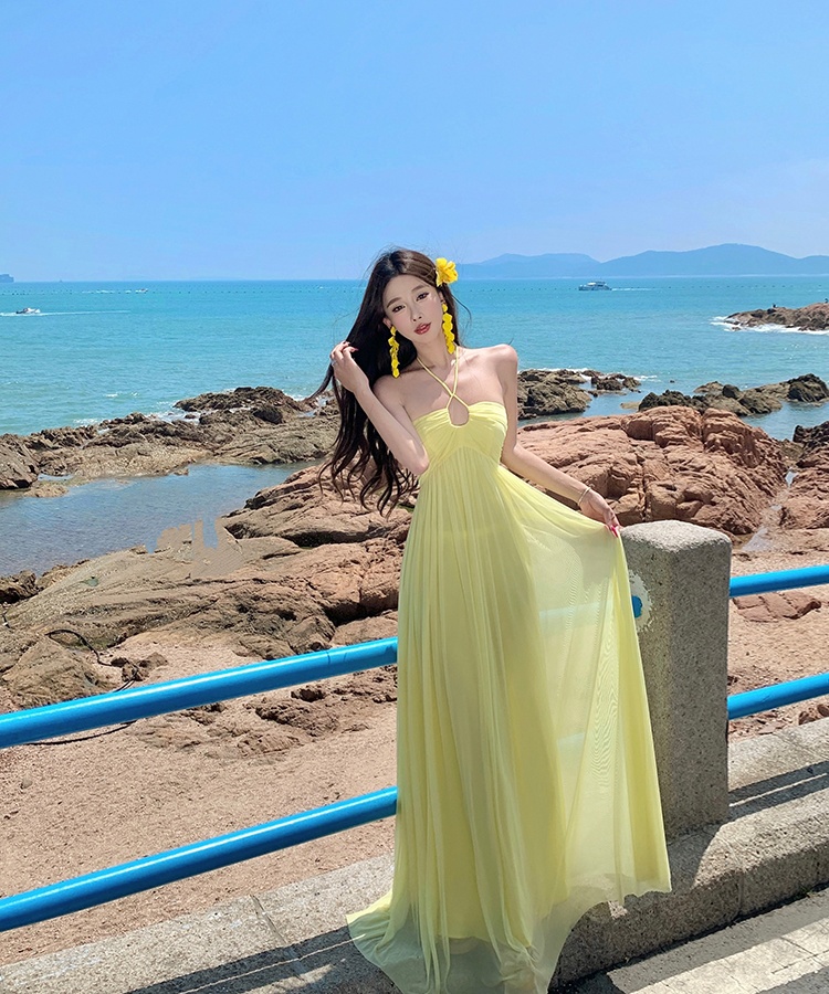 Halter gauze dress vacation yellow long dress