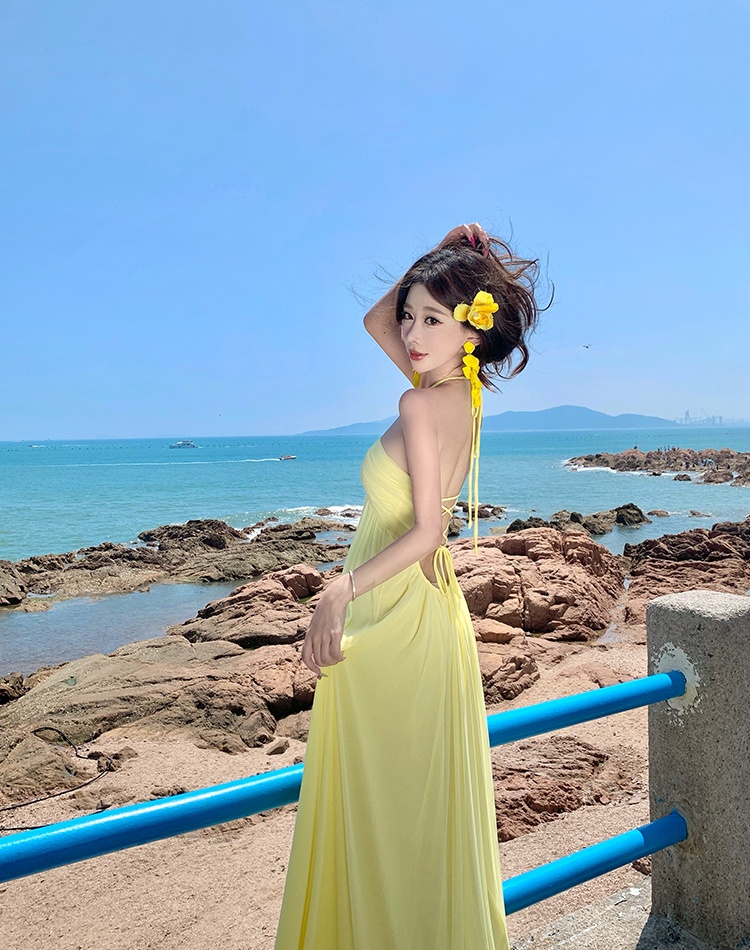 Halter gauze dress vacation yellow long dress
