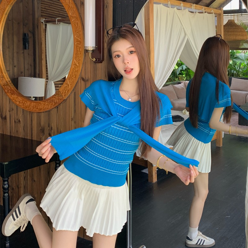 Short sleeve T-shirt knitted tops 2pcs set for women