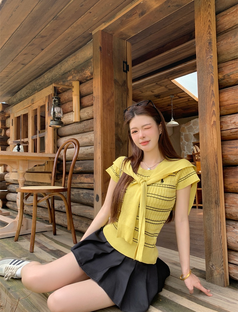 Short sleeve T-shirt knitted tops 2pcs set for women