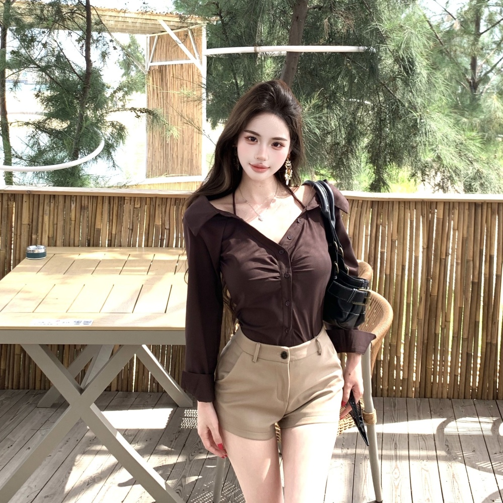Long sleeve halter shirt short horizontal collar tops