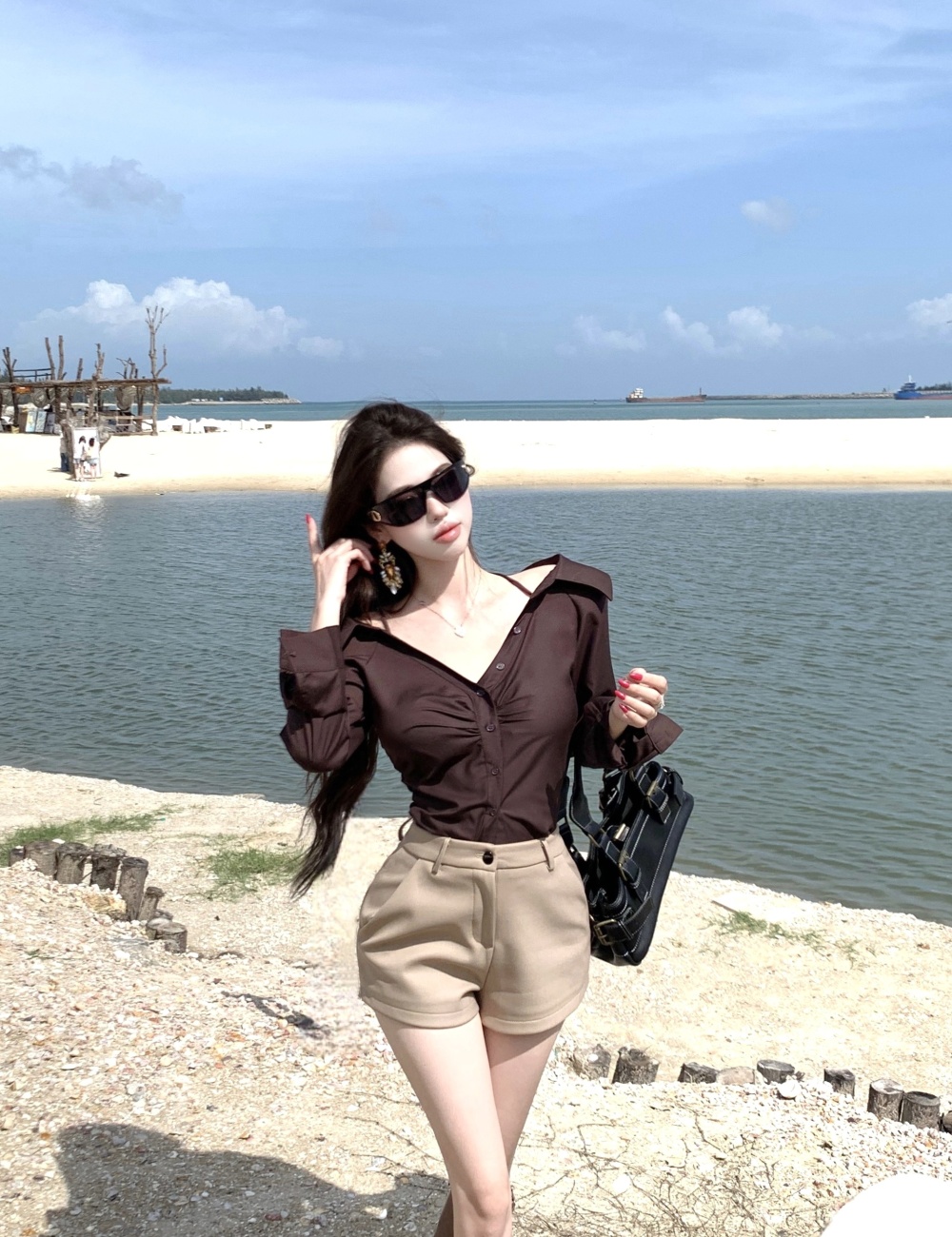 Long sleeve halter shirt short horizontal collar tops