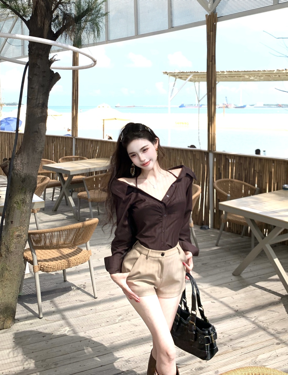 Long sleeve halter shirt short horizontal collar tops
