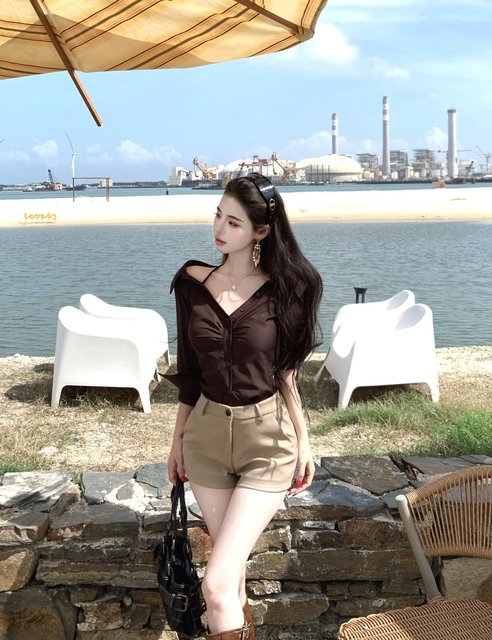 Long sleeve halter shirt short horizontal collar tops