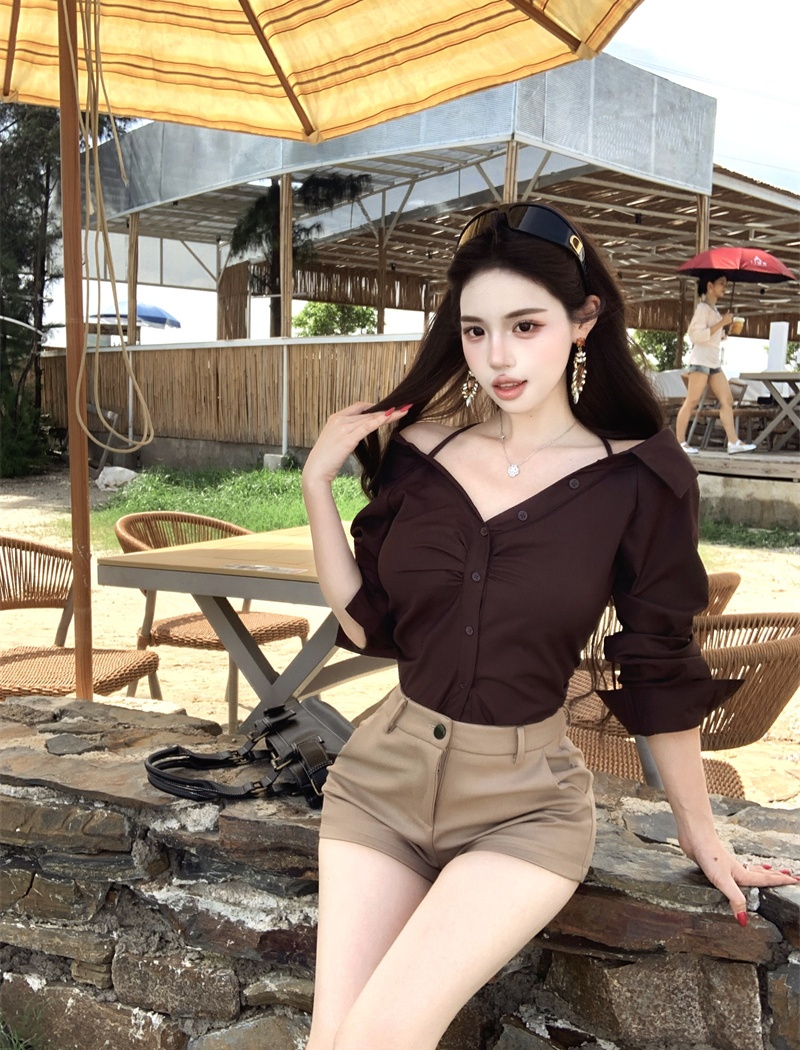 Long sleeve halter shirt short horizontal collar tops