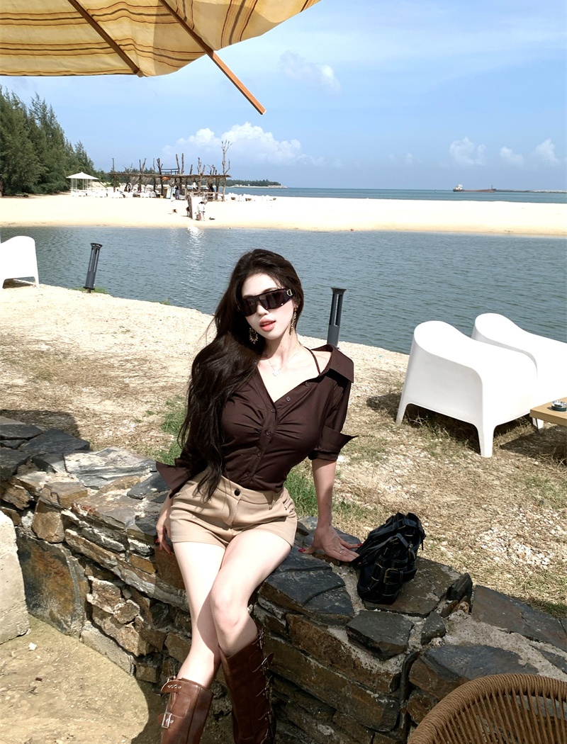 Long sleeve halter shirt short horizontal collar tops