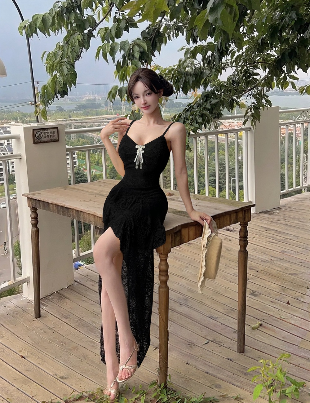 Vacation irregular strap dress France style lace long dress