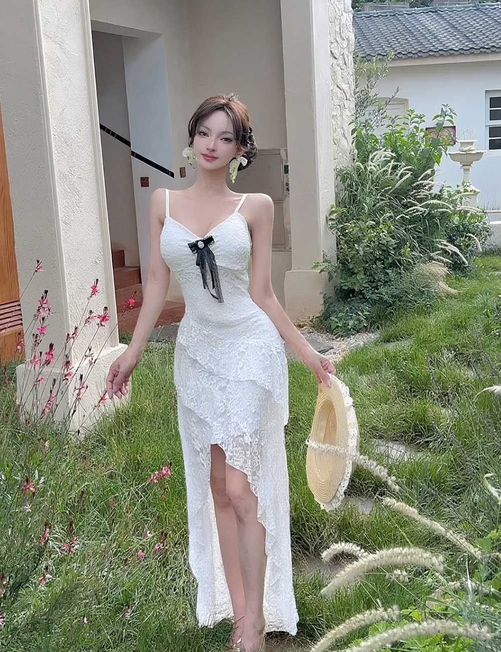 Vacation irregular strap dress France style lace long dress