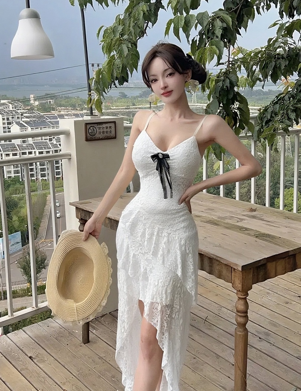 Vacation irregular strap dress France style lace long dress