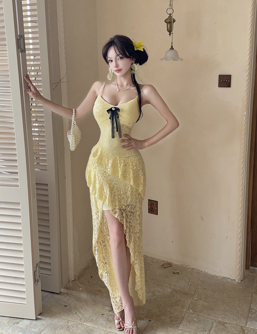 Vacation irregular strap dress France style lace long dress