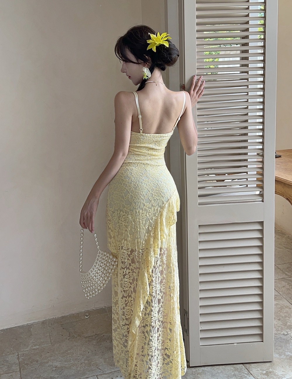 Vacation irregular strap dress France style lace long dress