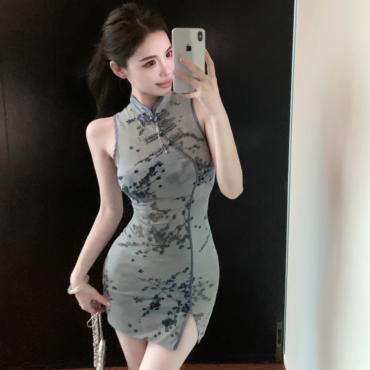 Short splice decoration cheongsam Chinese style dress