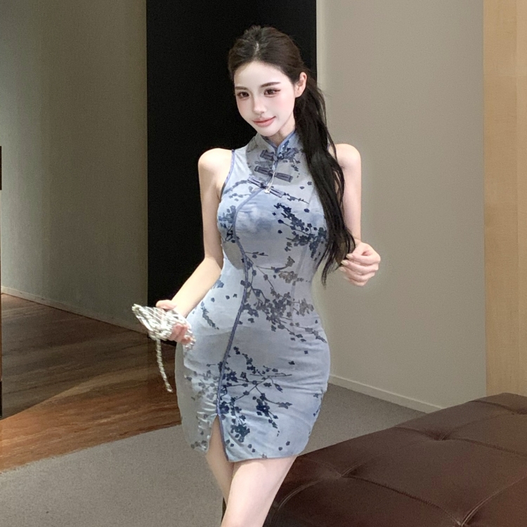 Short splice decoration cheongsam Chinese style dress