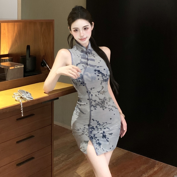 Short splice decoration cheongsam Chinese style dress