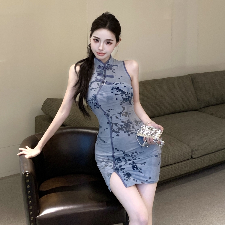 Short splice decoration cheongsam Chinese style dress