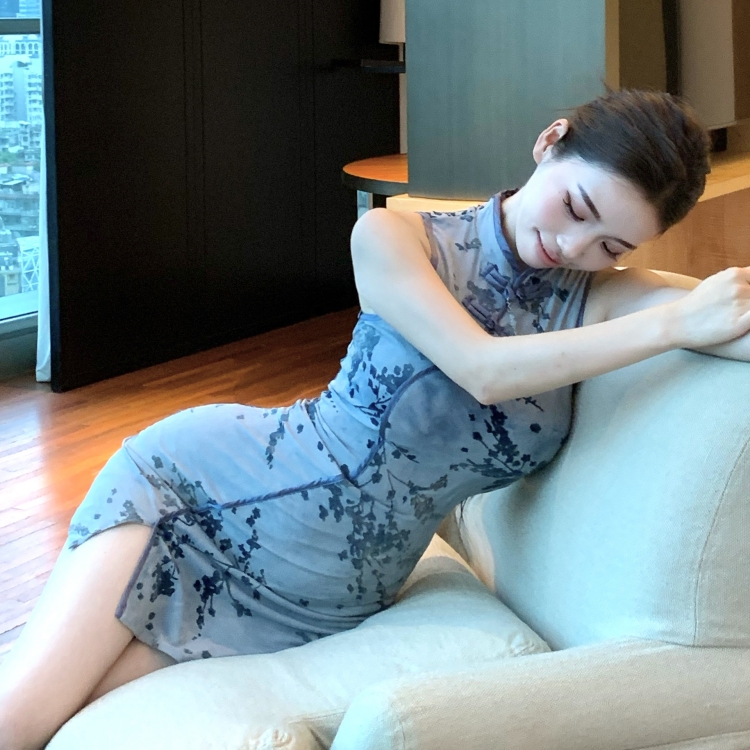 Short splice decoration cheongsam Chinese style dress