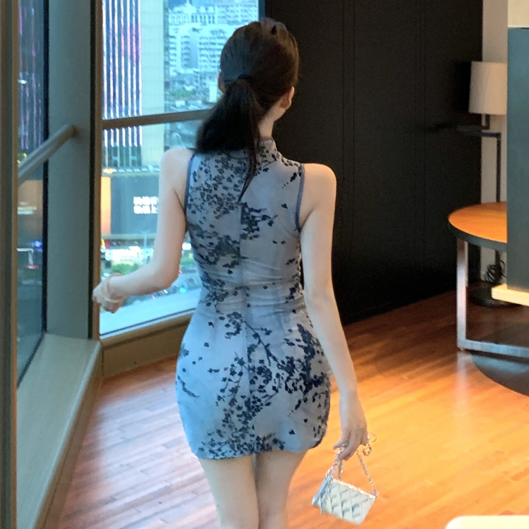 Short splice decoration cheongsam Chinese style dress