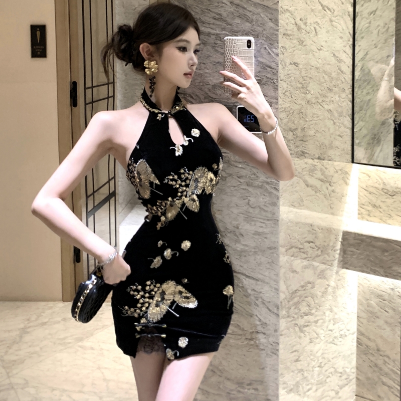 Package hip halter spicegirl velvet slim dress