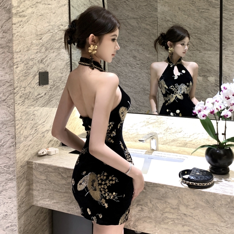 Package hip halter spicegirl velvet slim dress