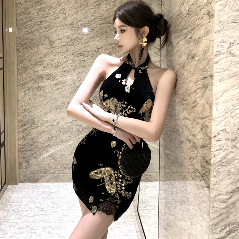 Package hip halter spicegirl velvet slim dress
