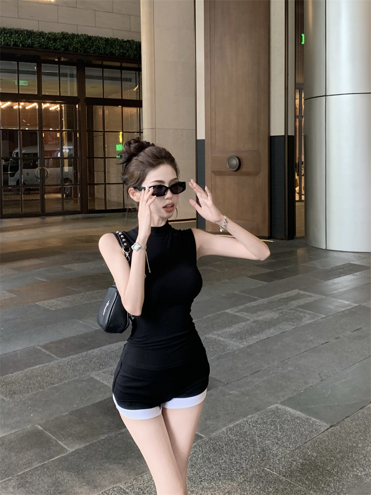 Summer shorts half high collar vest 2pcs set for women