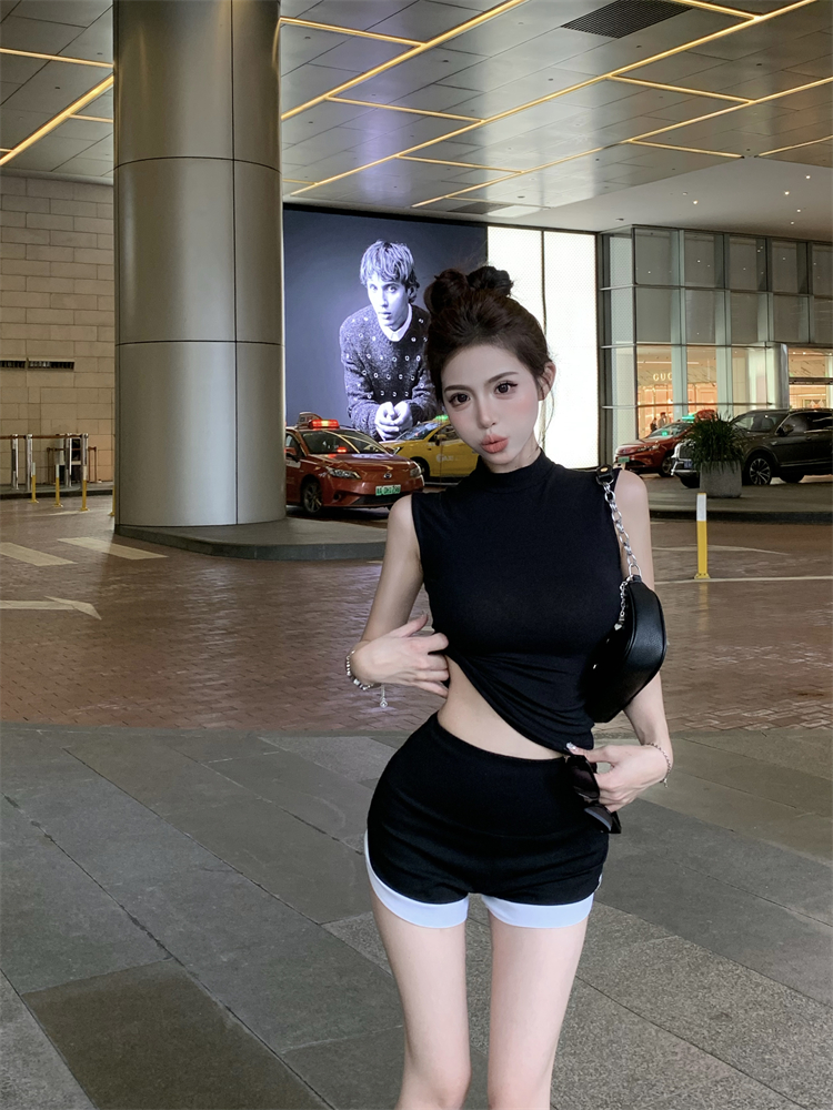 Summer shorts half high collar vest 2pcs set for women