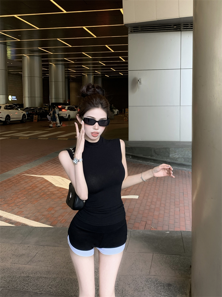 Summer shorts half high collar vest 2pcs set for women