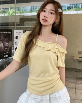 Lotus leaf edges oblique collar tops summer T-shirt